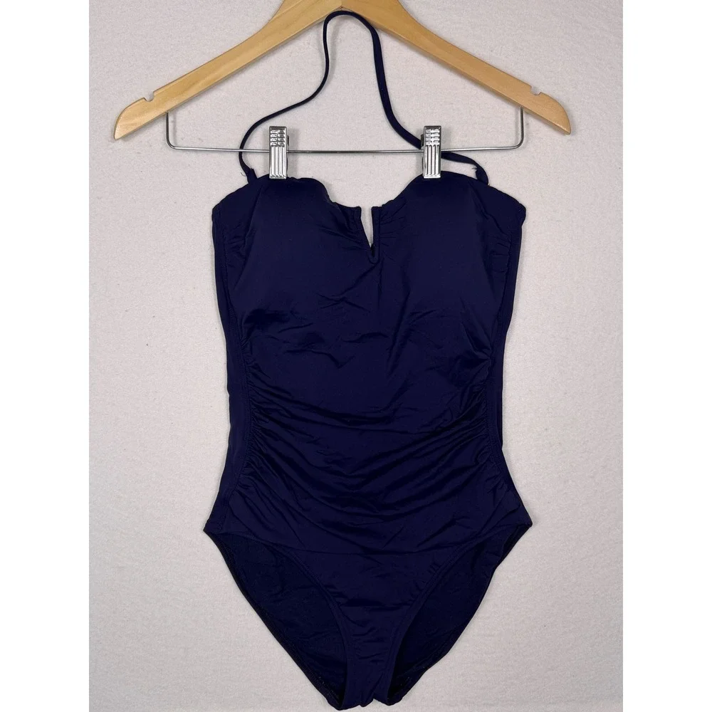 Tommy Bahama Pearl V-wire Bandeau One Piece Swimsuit Womens 6‎ Navy Blue Ruched